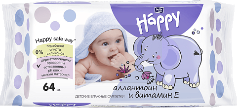 Салфетки влажные для детей bella baby Happy, с витамином E, 64шт.  